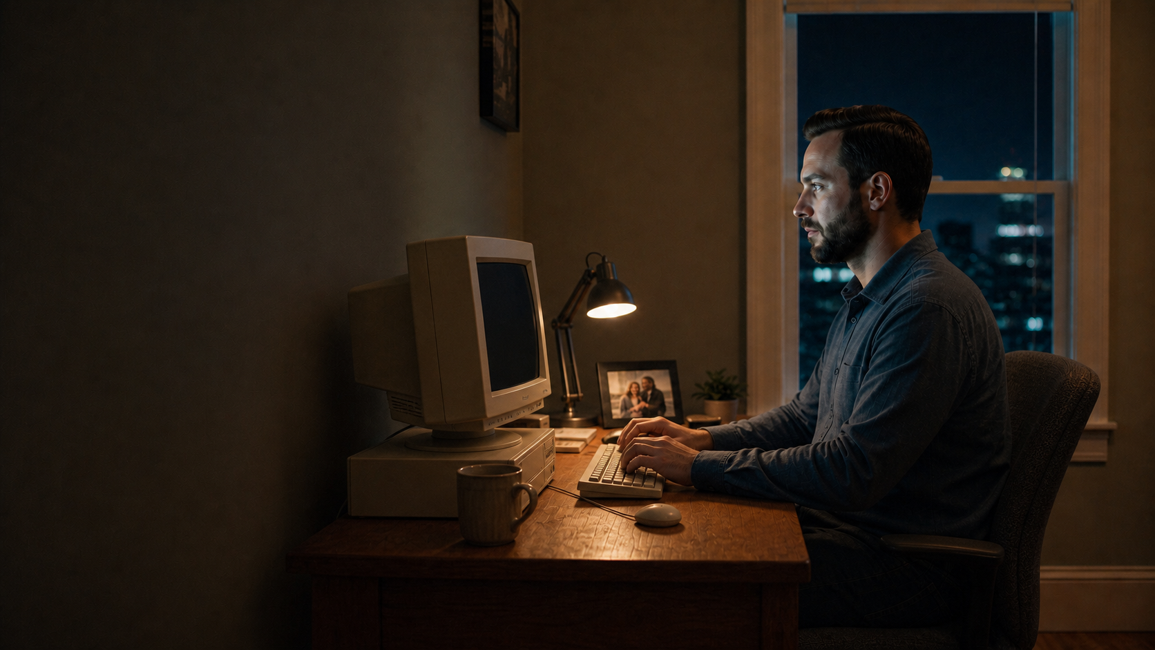 Gil at his modest one-monitor home desk