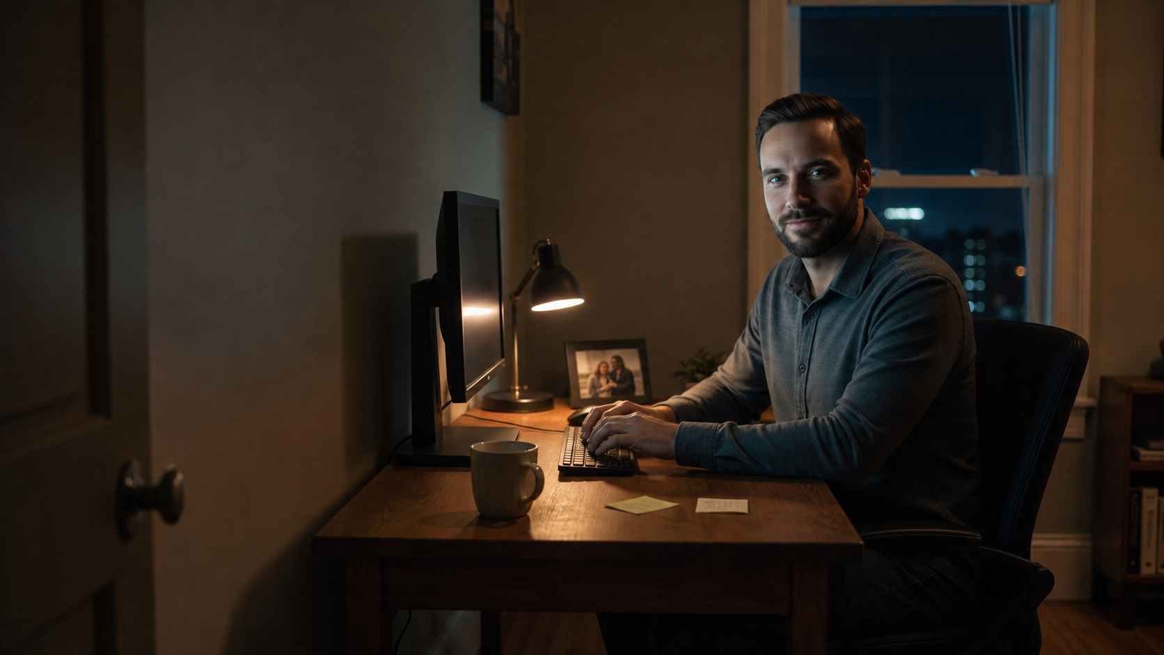 Gil in his modest one-monitor simulated office