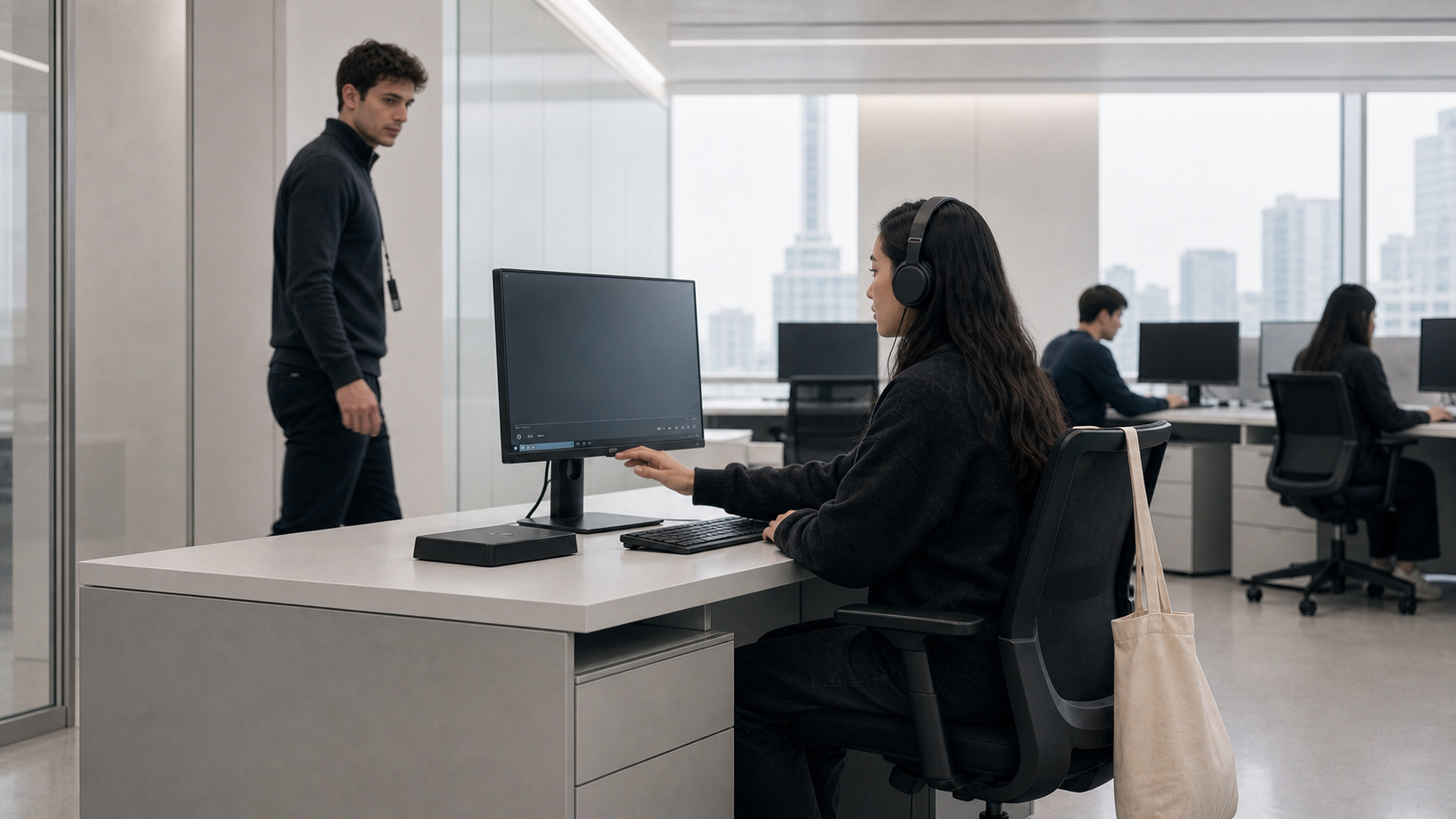 Samantha and the research lead at the canonical off-white Playground workstation